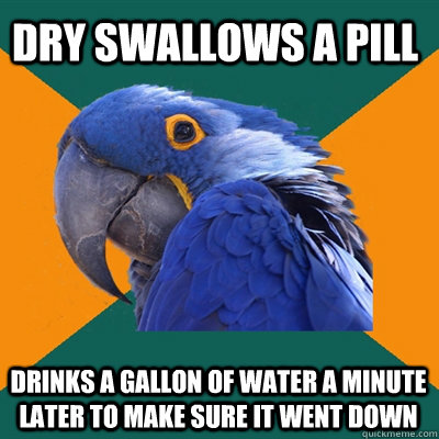 Dry swallows a pill Drinks a gallon of water a minute later to make sure it went down  Paranoid Parrot