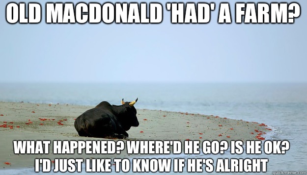 Old MacDonald 'had' a farm? What happened? Where'd he go? Is he OK? 
I'd just like to know if he's alright  