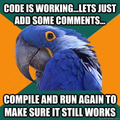 code is working...lets just add some comments... compile and run again to make sure it still works  Paranoid Parrot