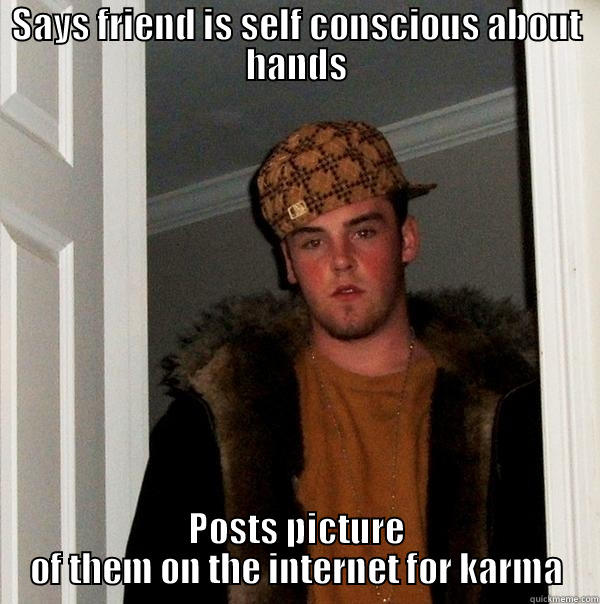 SAYS FRIEND IS SELF CONSCIOUS ABOUT HANDS POSTS PICTURE OF THEM ON THE INTERNET FOR KARMA Scumbag Steve