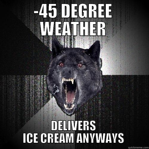 -45 DEGREE WEATHER DELIVERS ICE CREAM ANYWAYS Insanity Wolf