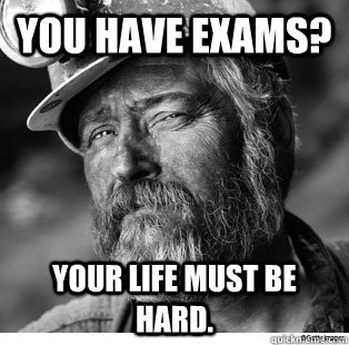 You have exams? Your life must be hard. - You have exams? Your life must be hard.  Unimpressed Coal Miner