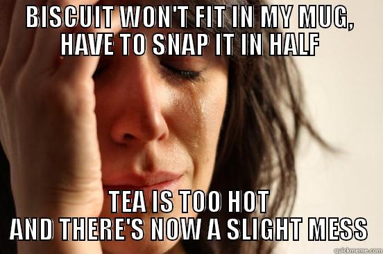 BISCUIT WON'T FIT IN MY MUG, HAVE TO SNAP IT IN HALF TEA IS TOO HOT AND THERE'S NOW A SLIGHT MESS First World Problems