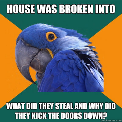 house was broken into what did they steal and why did they kick the doors down?  Paranoid Parrot