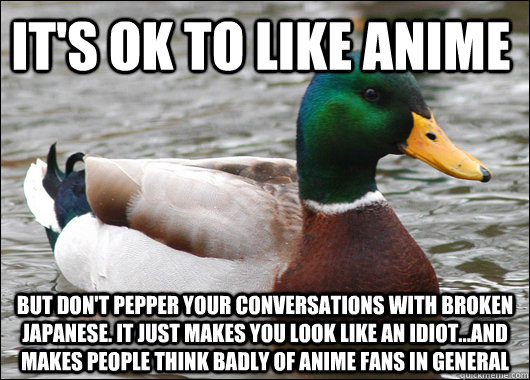 it's ok to like anime but don't pepper your conversations with broken japanese. it just makes you look like an idiot...and makes people think badly of anime fans in general  Actual Advice Mallard