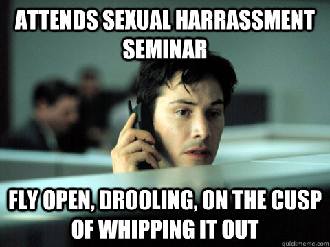 attends sexual harrassment seminar  fly open, drooling, on the cusp of whipping it out  
