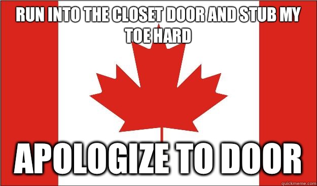 Run into the closet door and stub my toe hard Apologize to door - Run into the closet door and stub my toe hard Apologize to door  Canada