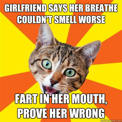 Girlfriend says her breathe couldn't smell worse  fart in her mouth, prove her wrong  Bad Advice Cat