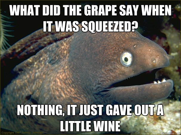 What did the grape say when it was squeezed? Nothing, It just gave out a little wine - What did the grape say when it was squeezed? Nothing, It just gave out a little wine  Bad Joke Eel