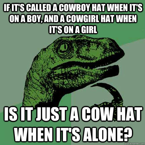 If it's called a cowboy hat when it's on a boy, and a cowgirl hat when it's on a girl is it just a cow hat when it's alone?  Philosoraptor