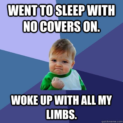 Went to sleep with no covers on. Woke up with all my limbs.  Success Kid