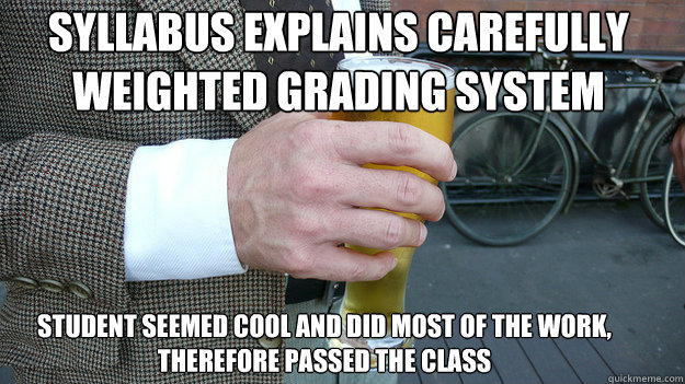 SYLLABUS EXPLAINS CAREFULLY WEIGHTED GRADING SYSTEM STUDENT SEEMED COOL AND DID MOST OF THE WORK, THEREFORE PASSED THE CLASS - SYLLABUS EXPLAINS CAREFULLY WEIGHTED GRADING SYSTEM STUDENT SEEMED COOL AND DID MOST OF THE WORK, THEREFORE PASSED THE CLASS  Lazy College Professor