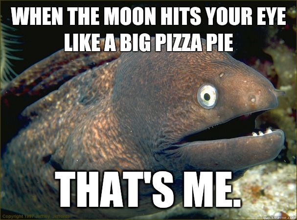 When the moon hits your eye like a big pizza pie That's me.  Bad Joke Eel