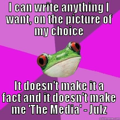 I CAN WRITE ANYTHING I WANT, ON THE PICTURE OF MY CHOICE IT DOESN'T MAKE IT A FACT AND IT DOESN'T MAKE ME 'THE MEDIA' - JULZ Foul Bachelorette Frog