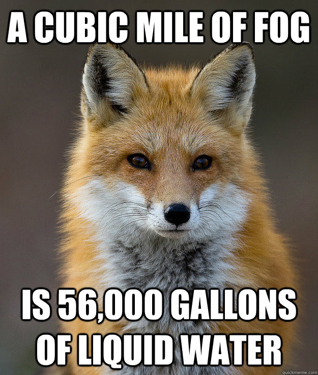 A cubic mile of fog is 56,000 gallons of liquid water  