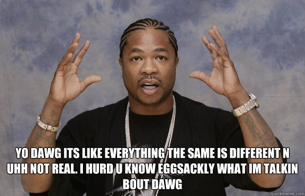  yo dawg its like everything the same is different n uhh not real. i hurd u know eggsackly what im talkin bout dawg  
