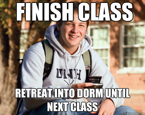 Finish class retreat into dorm until next class  College Freshman