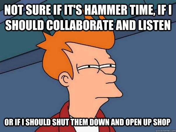 Not sure if it's hammer time, if I should collaborate and listen Or if I should shut them down and open up shop  Futurama Fry