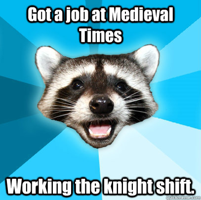 Got a job at Medieval Times Working the knight shift.  Lame Pun Coon