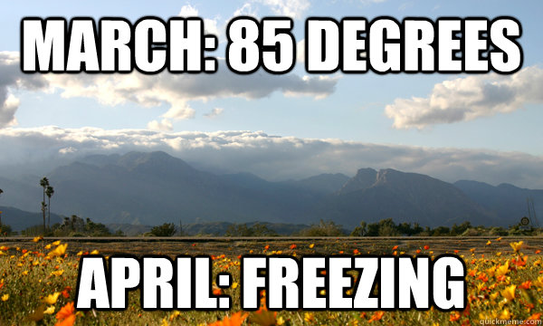 March: 85 degrees april: freezing  