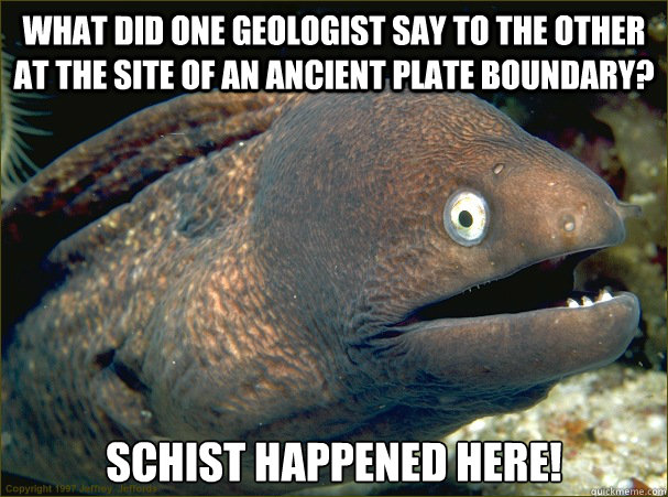 What did one geologist say to the other at the site of an ancient plate boundary? Schist happened here!  Bad Joke Eel