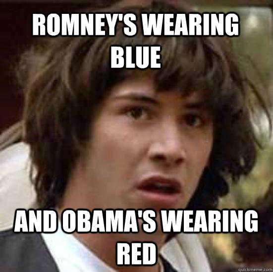 Romney's wearing blue and obama's wearing red  conspiracy keanu