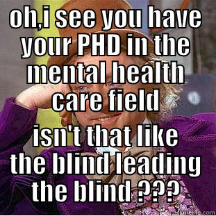 OH,I SEE YOU HAVE YOUR PHD IN THE MENTAL HEALTH CARE FIELD ISN'T THAT LIKE THE BLIND LEADING THE BLIND ??? Condescending Wonka