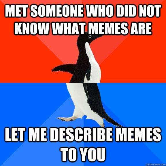 Met someone who did not know what memes are Let me describe memes to you  Socially Awesome Awkward Penguin