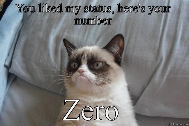 YOU LIKED MY STATUS, HERE'S YOUR NUMBER ZERO Grumpy Cat