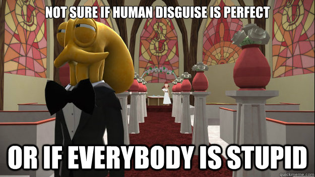 not sure if human disguise is perfect or if everybody is stupid  suspicous octodad