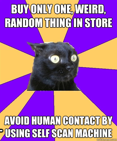 BUY ONLY ONE, WEIRD, RANDOM THING IN STORE avoid human contact by using self scan machine ____  Anxiety Cat