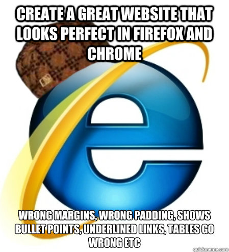 create a great website that looks perfect in firefox and chrome wrong margins, wrong padding, shows bullet points, underlined links, tables go wrong etc  Scumbag Internet Explorer