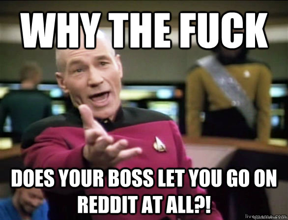 Why the fuck does your boss let you go on reddit at all?!  Annoyed Picard HD