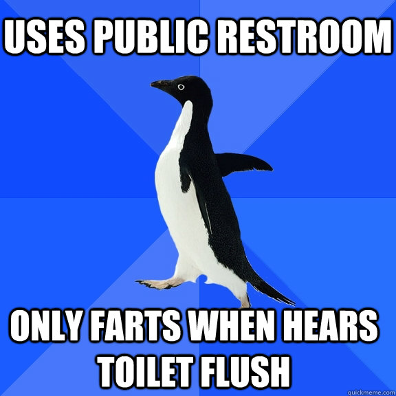 uses public restroom only farts when hears toilet flush    Socially Awkward Penguin