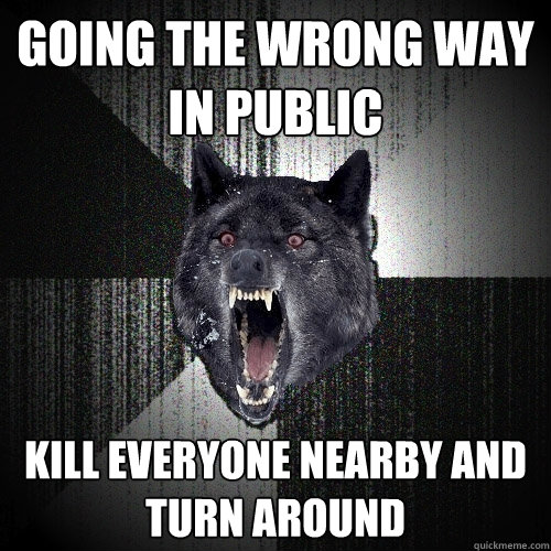 going the wrong way in public kill everyone nearby and turn around  Insanity Wolf