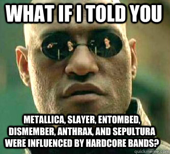 what if i told you metallica, slayer, entombed, dismember, anthrax, and sepultura were influenced by hardcore bands?  Matrix Morpheus