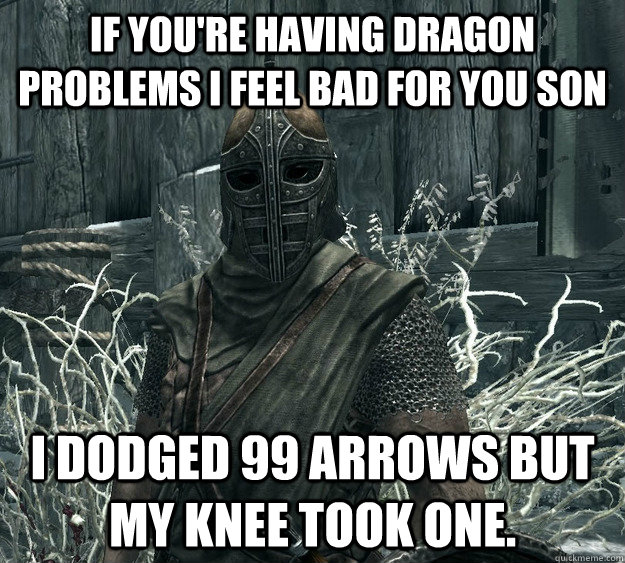 If you're having dragon problems I feel bad for you son I dodged 99 arrows but my knee took one. - If you're having dragon problems I feel bad for you son I dodged 99 arrows but my knee took one.  Skyrim Guard