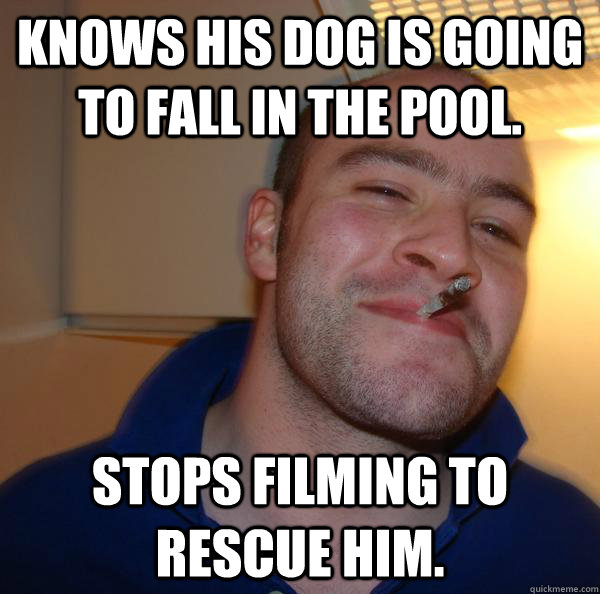 Knows his dog is going to fall in the pool. Stops filming to rescue him. - Knows his dog is going to fall in the pool. Stops filming to rescue him.  Misc