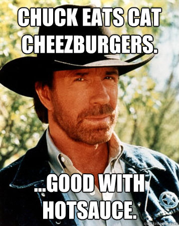 Chuck eats cat cheezburgers. ...good with hotsauce.  Flirt Test Chuck Norris