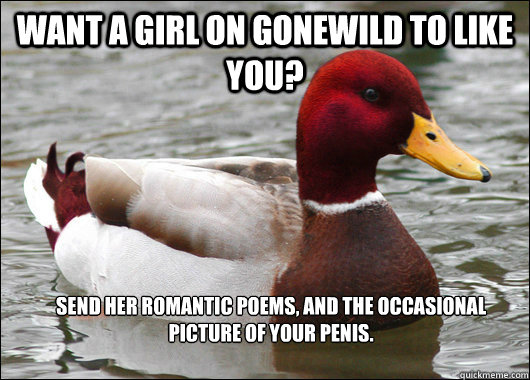 Want a girl on Gonewild to Like You?  Send her romantic poems, and the occasional picture of your penis.  Malicious Advice Mallard