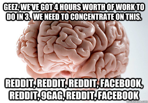 Geez, we've got 4 hours worth of work to do in 3.  We need to concentrate on this. reddit, reddit, reddit, facebook, reddit, 9gag, reddit, facebook  Scumbag Brain