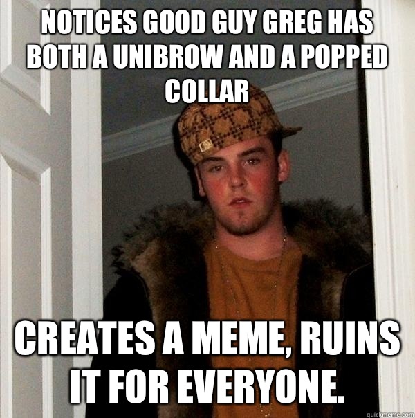 Notices good guy Greg has both a unibrow and a popped collar Creates a meme, ruins it for everyone.  Scumbag Steve