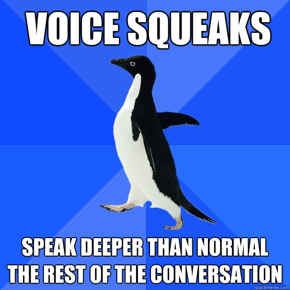  voice squeaks Speak deeper than normal the rest of the conversation  Socially Awkward Penguin