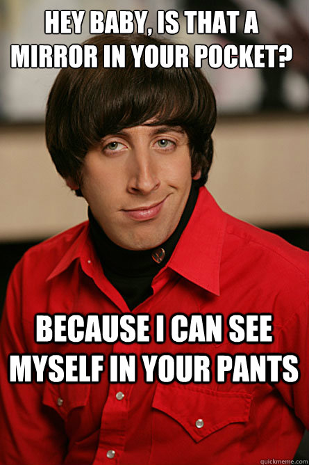 hey baby, is that a mirror in your pocket? because i can see myself in your pants - hey baby, is that a mirror in your pocket? because i can see myself in your pants  Pickup Line Scientist