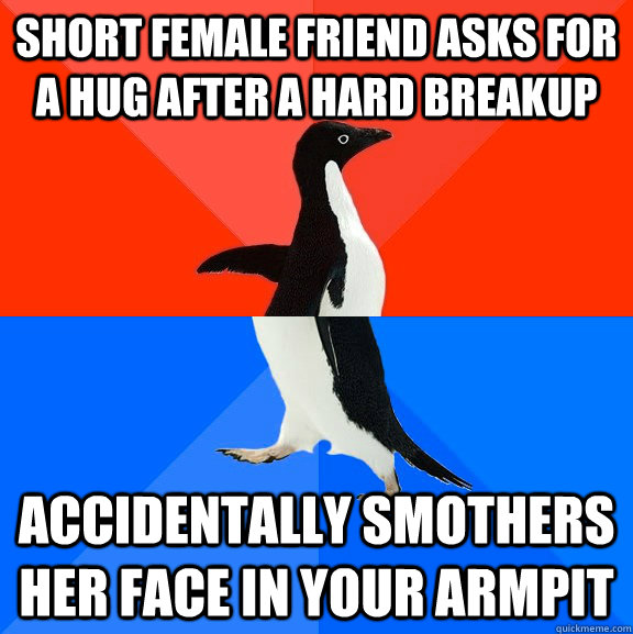 short female friend asks for a hug after a hard breakup Accidentally smothers her face in your armpit - short female friend asks for a hug after a hard breakup Accidentally smothers her face in your armpit  Socially Awesome Awkward Penguin