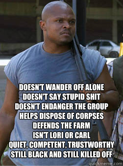  Doesn't wander off alone
Doesn't Say Stupid Shit
Doesn't endanger the Group
Helps dispose of corpses
Defends the farm
Isn't Lori or Carl
quiet, competent, trustworthy
Still black and still killed off  T-Dog