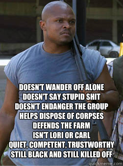  Doesn't wander off alone
Doesn't Say Stupid Shit
Doesn't endanger the Group
Helps dispose of corpses
Defends the farm
Isn't Lori or Carl
quiet, competent, trustworthy
Still black and still killed off -  Doesn't wander off alone
Doesn't Say Stupid Shit
Doesn't endanger the Group
Helps dispose of corpses
Defends the farm
Isn't Lori or Carl
quiet, competent, trustworthy
Still black and still killed off  T-Dog