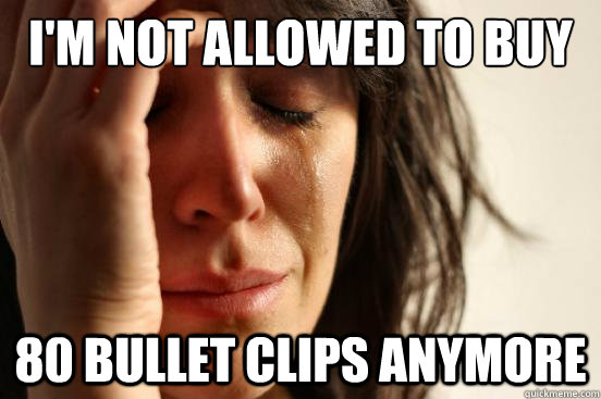i'm not allowed to buy 80 bullet clips anymore  First World Problems