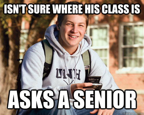 isn't sure where his class is asks a senior  College Freshman