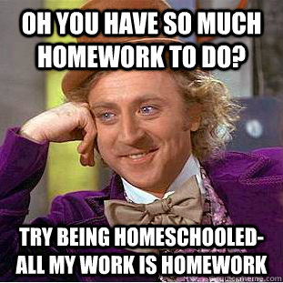 Oh you have so much homework to do? Try being homeschooled-all my work is homework  Condescending Wonka